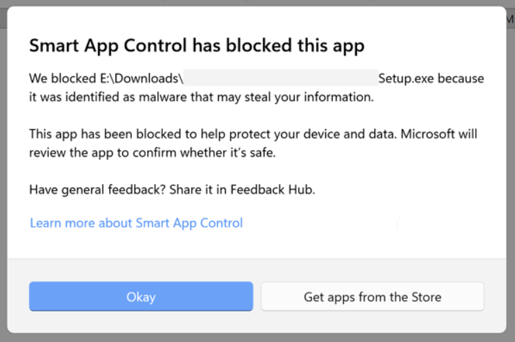Прозорецът, с който Smart App Control блокира програма